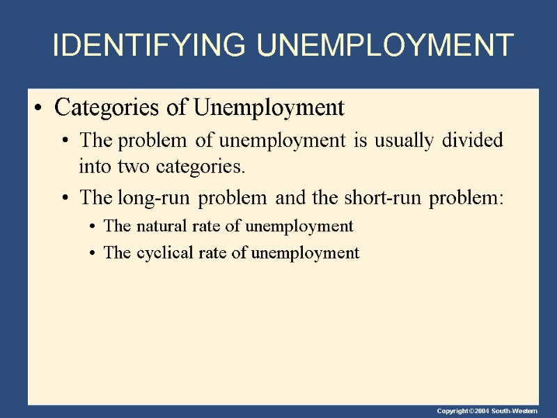 IDENTIFYING UNEMPLOYMENT Categories of Unemployment The problem of unemployment is usually divided into two
